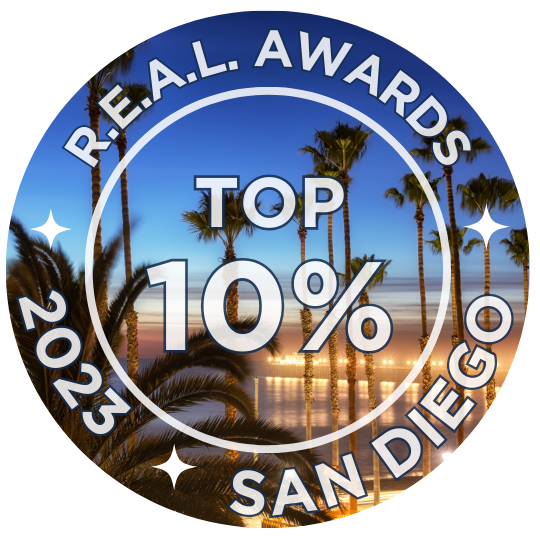 A circular badge featuring palm trees against a sunset background, stating "R.E.A.L. AWARDS 2023 TOP 10% SAN DIEGO."